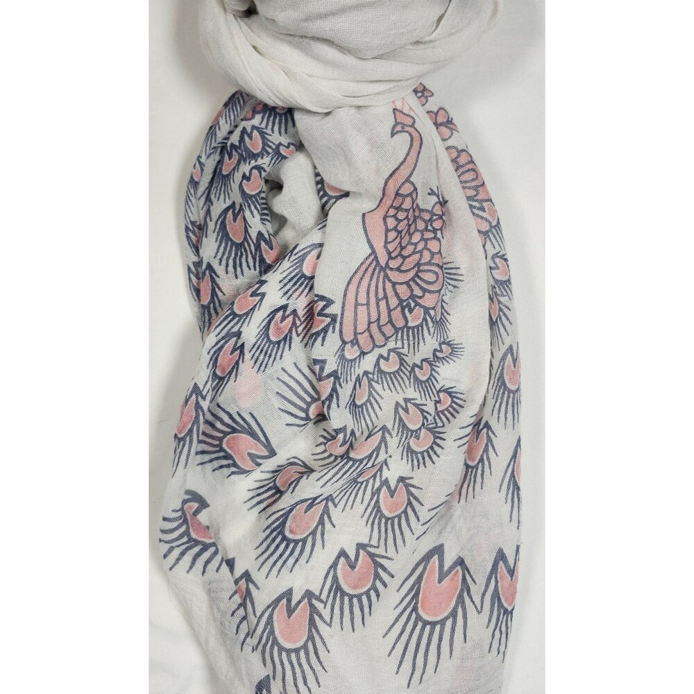 Peacock Print Scarf White Pink Blue Gauze Fringe Boho Wrap Rectangle 33x74